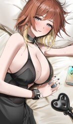  absurdres aketa_mikoto bed_sheet black_dress blonde_hair blush breasts brown_hair commentary condom condom_box condom_wrapper dress female fingernails highres idolmaster idolmaster_shiny_colors large_breasts looking_at_viewer lying multicolored_hair nail_polish on_side pdal_(pdalhhh) solo sweat two-tone_hair upper_body 