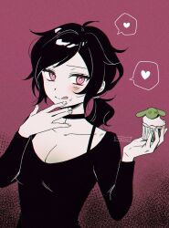  :q \||/ ahoge ashley_graves black_choker black_hair black_shirt blush bra_strap breasts bright_pupils choker chromatic_aberration cleavage closed_mouth collarbone cupcake female finger_to_own_chin fingernails food food_on_face hands_up hashtag-only_commentary heart highres holding holding_food long_sleeves looking_at_viewer low_ponytail medium_breasts medium_hair moch_ka_game pale_skin pink_background ponytail shirt simple_background smile solo spoken_heart the_coffin_of_andy_and_leyley tongue tongue_out upper_body white_pupils 