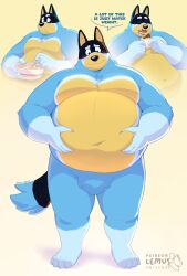  2024 absurd_res anthro bandit_heeler barefoot belly big_belly blue_body blue_fur bluey_(series) blush canid canine canis crotch_tuft domestic_dog eating english_text feet fur hi_res holding_belly male mammal moobs navel nude overweight overweight_male signature simple_background solo soul_nero speech_bubble text tuft yellow_background 