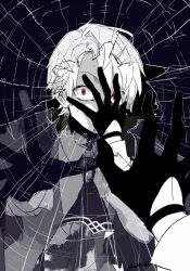  1boy ascot atomic15 bags_under_eyes blood blood_on_clothes collared_shirt crack cracked_glass fate/grand_order fate_(series) full_body gloves greyscale hand_on_own_face jacket jekyll_and_hyde_(fate) looking_at_mirror looking_at_reflection male_focus messy_hair mirror monochrome red_eyes shirt short_hair solo spot_color 