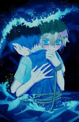  2boys aqua_eyes bags_under_eyes basil_(faraway)_(omori) basil_(omori) blonde_hair blue_hair blue_sweater_vest blue_theme closed_mouth colored_eyelashes commentary english_commentary fingernails flower from_behind hair_between_eyes hair_flower hair_ornament hands_on_another&#039;s_back highres hug lifejam_403 male_focus multiple_boys omori partially_submerged pink_flower rope shirt short_hair short_sleeves smile sunny_(omori) sweater_vest upper_body waves wet wet_clothes wet_hair white_shirt 