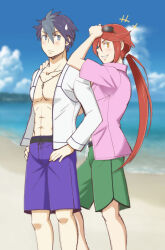  +++ 2boys aaron_wei abs ashibe-kaoru blue_eyes blue_hair blue_shorts blush commentary_request eiyuu_densetsu feet_out_of_frame green_shorts hair_between_eyes jacket jewelry kuro_no_kiseki_(series) kuro_no_kiseki_i long_hair low_ponytail male_focus multiple_boys necklace open_clothes open_jacket open_shirt pectorals pink_shirt red_hair shirt shorts smile standing sweatdrop teeth van_arkride white_jacket yellow_eyes 