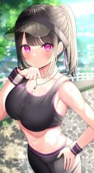  armpits bare_shoulders black_hair black_pants black_sports_bra blurry blurry_background breasts closed_mouth crop_top day female fence hand_up highres jewelry large_breasts long_hair looking_at_viewer midriff mizukoshi_(marumi) mole mole_on_neck navel necklace original outdoors pants pink_eyes ponytail revision sleeveless solo sports_bra stained_clothes stomach sweat sweatband sweaty_clothes visor_cap wiping_face wiping_sweat yoga_pants 