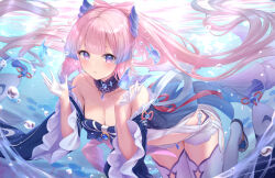  bare_shoulders blue_dress blue_hair dress female genshin_impact gloves gradient_hair hands_up highres kachayori long_hair looking_at_viewer multicolored_hair off-shoulder_dress off_shoulder pink_hair purple_eyes sangonomiya_kokomi solo thighhighs thighs underwater very_long_hair white_gloves white_thighhighs 