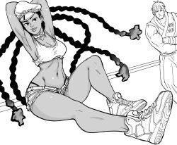  1boy absurdres armpits bb_(baalbuddy) cross dark-skinned_female dark_skin english_text female final_fight guy_(final_fight) highres kimberly_jackson long_hair navel ryu_(street_fighter) shoes sneakers street_fighter very_long_hair 