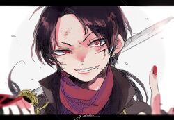  1boy atomic15 black_hair blood blood_on_face cuts evil_grin evil_smile grin highres holding holding_sword holding_weapon index_finger_raised injury kashuu_kiyomitsu letterboxed long_hair looking_at_viewer male_focus over_shoulder red_eyes red_nails red_scarf scarf signature smile solo sword sword_over_shoulder touken_ranbu upper_body weapon weapon_over_shoulder white_background 