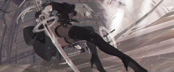  2b_(nier:automata) android black_blindfold black_dress black_gloves black_hairband blindfold boots chanc030 covered_eyes dress dual_wielding dynamic_pose feather-trimmed_sleeves feather_trim female from_side gloves hairband high_heel_boots high_heels highres holding holding_sword holding_weapon juliet_sleeves long_sleeves nier:automata nier_(series) profile puffy_sleeves short_hair solo sword thigh_boots thighhighs thighhighs_under_boots virtuous_contract weapon white_hair 