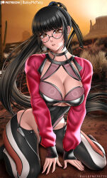  artist_name baileymcpatty black_hair blunt_bangs bodysuit breasts brown_eyes cleavage english_commentary eve_(stellar_blade) female highleg highleg_leotard large_breasts leotard long_hair long_sleeves looking_at_viewer official_alternate_costume orca_exploration_suit_(stellar_blade) outdoors paid_reward_available parted_lips patreon_username ponytail sitting sleeves_past_wrists solo stellar_blade very_long_hair wariza wasteland wide_hips 