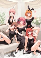  5girls :d ahoge arm_support artist_name bare_shoulders barefoot black_choker black_dress black_footwear black_ribbon blue_eyes bow breasts brown_hair butterfly_hair_ornament choker cleavage closed_mouth collarbone commentary_request couch cover dress evening_gown eyebrows_hidden_by_hair feet go-toubun_no_hanayome grin hair_between_eyes hair_ornament hair_ribbon high_heels highres indoors knee_up large_breasts long_hair looking_at_viewer magazine_cover multiple_girls nakano_ichika nakano_itsuki nakano_miku nakano_nino nakano_yotsuba on_couch open_mouth orange_hair pillow pink_hair profnote quintuplets red_hair ribbon short_hair sidelocks sitting sleeveless sleeveless_dress smile star_(symbol) star_hair_ornament swept_bangs translation_request unworn_footwear waist_bow 