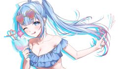  ;q alternate_costume aoi_sakura_(japanese_vtuber) bare_shoulders bikini blue_bikini blue_eyes blue_hair blue_nails blunt_bangs bow breasts cleavage collarbone cup drink drinking_straw eyewear_on_head facing_viewer finger_gun frilled_bikini frills gradient_hair hair_behind_ear hairbow hands_up hashtag-only_commentary heart heart-shaped_eyewear high_ponytail highres holding holding_cup holding_drink indie_virtual_youtuber large_breasts licking_lips light_blush looking_at_viewer multicolored_hair nail_polish off-shoulder_bikini off_shoulder one_eye_closed ponytail sidelocks simple_background streaked_hair swimsuit tongue tongue_out two-tone_hair upper_body virtual_youtuber white_background white_bow yueni_q 