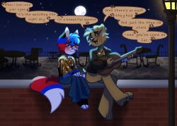  acoustic_guitar anthro arm_cast beaded_jewelry beads black_nose blue_eyes blue_nose blush bottomwear brown_body brown_eyes brown_fur bruised canid canine canis chair closed_smile clothed clothing corset cryx_the_fox domestic_dog duo female fence fox full_moon fur fur_patch furniture glowing glowing_jewelry guitar heart_eyes heart_symbol hi_res holding_object intersex intersex/female jack_(zoophobia) jacket jewelry light lingerie looking_at_another lovers_moment lyrics male male/male maleherm mammal medallion moon moon_pendant mouth_closed multicolored_body music musical_instrument night pantsless patch_(marking) pendant plucked_string_instrument red_body red_fur romantic romantic_couple romany singing sitting skirt smile smiling_at_partner song street_lamp string_instrument sun_pendant table topwear unknown_artist vivzmind zoophobia 