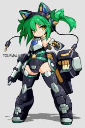  animal_ears bodysuit boots brown_eyes cat_ears commentary_request detached_sleeves fake_animal_ears female gloves green_hair gun headphones highres karukan_(monjya) knee_boots leotard long_hair shinrabanshou smile solo thighhighs tourmaline_(shinrabanshou) twintails weapon white_background 