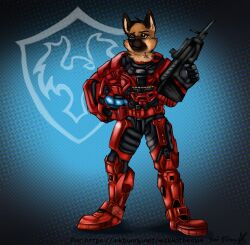  abstract_background anthro armor black_nose blue_eyes brown_body brown_fur canid clothed clothing front_view full-length_portrait fur glistening glistening_eyes gun headgear helmet hi_res holding_armor holding_gun holding_headgear holding_helmet holding_object holding_ranged_weapon holding_weapon male mammal mouth_closed portrait ranged_weapon red_armor solo standing tan_body tan_fur weapon yaoifairy 