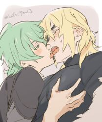  2boys black_shirt blonde_hair blush border byleth_(fire_emblem) byleth_(male)_(fire_emblem) closed_eyes commentary_request couple dimitri_alexandre_blaiddyd enlightened_byleth_(female) eyepatch fire_emblem fire_emblem:_three_houses french_kiss green_eyes green_hair hair_between_eyes half-closed_eyes highres kissing layered_clothes leaning_forward looking_at_another male_focus multiple_boys one_eye_covered open_mouth pectoral_grab profile shirt simple_background sweat sweatdrop teeth tongue turtleneck upper_teeth_only wa_fe white_border yaoi 