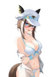  absurdres animal_ears bikini blue_eyes bob_cut breasts brown_hair cheval_grand_(umamusume) cleavage cowboy_shot dress_shirt embarrassed female front-tie_bikini_top front-tie_top hat highres horse_ears horse_girl horse_tail large_breasts looking_at_viewer maru_(est3562) multicolored_hair peaked_cap see-through see-through_shirt shirt short_hair sidelocks simple_background solo swimsuit tail tearing_up tears umamusume white_background white_bikini white_hat 