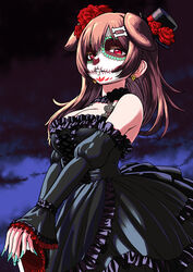  alternate_costume animal_ears aqua_nails bare_shoulders black_dress black_hat black_sleeves bone_hair_ornament breasts brown_hair calavera cartoon_bone choker cleavage cowboy_shot detached_sleeves dia_de_muertos dog_ears dog_girl dress earrings extra_ears facepaint fangs female fingernails flower frilled_choker frilled_sleeves frills from_below from_side goth_fashion gothic_lolita hair_between_eyes hair_down hair_flower hair_ornament hair_over_shoulder hairclip hat highres hololive inugami_korone jewelry juliet_sleeves large_breasts lolita_fashion long_dress long_fingernails long_hair long_sleeves looking_at_viewer makeup mini_hat nail_polish parasol puffy_sleeves raised_eyebrows red_eyes red_flower red_rose rose sabaku_chitai skull_earrings sleeveless sleeveless_dress solo teeth umbrella virtual_youtuber wide_sleeves 