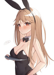  alternate_breast_size animal_ears bare_arms bare_shoulders binsen black_bow black_bowtie black_hairband black_leotard blush bow bowtie breast_rest breasts breasts_on_tray brown_eyes brown_hair brown_pantyhose carried_breast_rest carrying cleavage closed_mouth collar commentary_request covered_navel detached_collar fake_animal_ears female hairband highres holding holding_tray idolmaster idolmaster_million_live! large_breasts leotard long_hair looking_at_viewer pantyhose playboy_bunny rabbit_ears signature simple_background solo strapless strapless_leotard tenkubashi_tomoka tray very_long_hair white_background white_collar wing_collar 