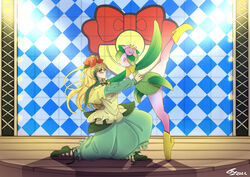  ballerina ballet blonde_hair clothing contest dancing dress duo elemental_creature en_pointe female feral flora_fauna freewolf_(artist) generation_5_pokemon generation_8_pokemon hair hisuian_form hisuian_lilligant human humanoid lilligant mammal nintendo not_furry plant pokemon pokemon_(species) pokemon_legends_arceus regional_form_(pokemon) ribbons stage trainer_aliyah 