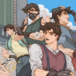  adjusting_clothes adjusting_headwear bare_shoulders battle_tendency blue_jacket brown_hair cropped_jacket electricity fedora fingerless_gloves food food_on_face fork gloves green_eyes hamon hat jacket jojo_no_kimyou_na_bouken joseph_joestar joseph_joestar_(young) male_focus mask mitus multiple_persona suspenders sweater_vest 