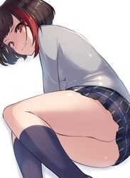  bang_dream! black_hair black_skirt black_socks bob_cut closed_mouth commentary_request feet_out_of_frame female grey_jacket haneoka_school_uniform jacket kneehighs long_sleeves looking_at_viewer lying miniskirt mitake_ran multicolored_hair on_side panties pantyshot plaid plaid_skirt pleated_skirt red_eyes red_hair saikuu school_uniform short_hair simple_background skirt socks solo streaked_hair thighs two-tone_hair underwear white_background white_panties 