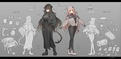  2girls animal_ears blonde_hair blowtorch boots brown_eyes brown_hair cat_ears cat_girl cat_tail cigarette_pack coat commentary daria_(haguruma_c) dog_tags drill equipment_layout floppy_ears gloves green_jacket grey_gloves grey_pants haguruma_c highres jacket knit_hat long_hair multiple_girls original pants power_drill rabbit_ears rabbit_girl rabbit_tail reference_sheet ribbed_sweater sunglasses sweater tail thighhighs tool_kit turtleneck turtleneck_sweater unworn_eyewear viveka_(haguruma_c) white_coat white_footwear winter_clothes winter_coat 