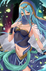  alternate_costume azura_(fire_emblem) azura_(hatari)_(fire_emblem) blue_hair blue_shirt blue_skirt breasts circlet cowboy_shot crop_top dancer female fire_emblem fire_emblem_fates fire_emblem_heroes floating_hair gold hand_up haru_(nakajou-28) highres jewelry long_hair looking_at_viewer midriff mouth_veil navel necklace official_alternate_costume shirt skirt small_breasts solo veil very_long_hair water_drop wrist_cuffs yellow_eyes 