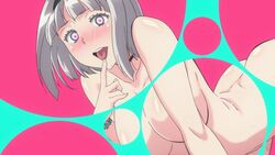  anna_nishikinomiya aqua_eyes ass blush breasts bubble_filter collarbone completely_nude female finger_to_mouth grey_hair hairband heart heart-shaped_pupils large_breasts looking_at_viewer nude pink_background shimoneta_to_iu_gainen_ga_sonzai_shinai_taikutsu_na_sekai short_hair simple_background solo source_request symbol-shaped_pupils 