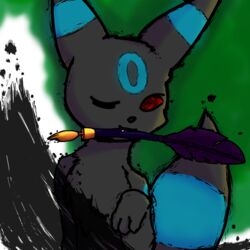  1:1 2020 ambiguous_gender black_body black_fur blue_body blue_fur blue_spots canid canine digital_media_(artwork) eeveelution fangs feral fur generation_2_pokemon glowing glowing_spots gottabekittenme green_background half-length_portrait happy hi_res looking_at_viewer loose_feather mammal markings nintendo pokemon pokemon_(species) portrait quill red_eyes shaded shiny_pokemon simple_background soft_shading solo spots teeth umbreon 