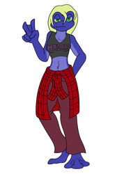  3:4 amphibian anthro blonde_hair blue_body blue_skin breasts clothed clothing cori_the_treefrog female frog green_eyes hair hi_res membrane_(anatomy) midriff navel shirt simple_background solo strays_of_siravia tank_top thelordoflemonz topwear trans_(lore) trans_woman_(lore) tree_frog webbed_hands white_background 