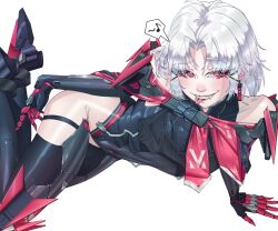  absurdres armor bare_shoulders black_leotard breasts drake_(nikke) earrings female gloves goddess_of_victory:_nikke hair_ornament highres jewelry leotard looking_at_viewer open_mouth patricius_carnage red_eyes short_hair simple_background smile solo tongue tongue_out white_hair 