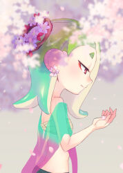  aqua_hair asymmetrical_hair butt_crack cephalopod_eyes chest_sarashi earrings eyeliner falling_petals female flower flower_earrings gradient_hair green_hair horizontal_pupils jewelry long_hair makeup multicolored_hair octoling petals pink_flower poncho red_eyeliner red_eyes sarashi see-through shiver_(splatoon) short_eyebrows solo splatoon_(series) splatoon_3 suction_cups tentacle_hair two-tone_hair utfu333 