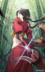  :d ainezu animal_ears back bamboo bamboo_forest bare_shoulders black_hair breasts female forest highres holding holding_sword holding_weapon long_hair nature oil-paper_umbrella purple_eyes shis smile solo sword twintails umbrella utawarerumono utawarerumono:_itsuwari_no_kamen weapon 