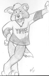  2000 anthro bottomless canid canine canis character_name clothed clothing coyote featureless_crotch full-length_portrait fur graphite_(artwork) greyscale grin hand_on_hip hand_on_own_hip head_tuft herbie_bearclaw hindpaw leaning_on_wall looking_at_viewer male mammal monochrome paws pencil_(artwork) plantigrade portrait shirt signature simple_background smile smiling_at_viewer solo tail text text_on_clothing text_on_shirt text_on_topwear topwear traditional_media_(artwork) tuft yippee_coyote 