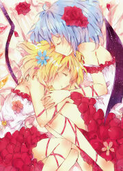  2girls alternate_costume bat_wings blonde_hair blue_hair closed_eyes commentary_request crystal duplicate flandre_scarlet flower hair_ornament highres lying mielang multiple_girls off_shoulder photoshop_(medium) pixel-perfect_duplicate remilia_scarlet rose short_hair siblings sisters smile touhou wings 