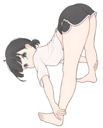  1ssakawaguchi ankle_grab ass bare_legs barefoot black_eyes black_hair black_shorts dolphin_shorts female from_side highres ichika_(1ssakawaguchi) leaning_forward legs_apart looking_at_viewer midriff_peek original shirt short_hair short_ponytail short_shorts short_sleeves shorts simple_background solo stretching toes white_background white_shirt 