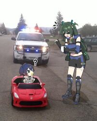  2girls ? absurdres aged_down arm_strap baby bare_shoulders belle_(zenless_zone_zero) black_footwear black_gloves blue_hair car crop_top gloves green_hair highres holding midriff motor_vehicle multiple_girls navel ooyun open_mouth outdoors pacifier photo_background police_car qingyi_(zenless_zone_zero) shoes sneakers sunglasses tree zenless_zone_zero 