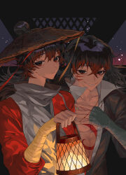  2boys :/ absurdres ajirogasa bandaged_arm bandages black_hair black_jacket brown_eyes brown_hat cabinc cen_boyao chest_tattoo chinese_commentary closed_mouth commentary_request earrings grin hat highres holding holding_lantern huayangshan_jishi jacket jewelry lantern long_hair male_focus mole mole_under_each_eye mole_under_eye multiple_boys multiple_moles open_clothes open_jacket open_shirt shirt smile tattoo upper_body white_shirt zhao_yuwen 