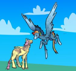  2022 absurd_res bent_leg black_eyes blue_hooves blue_sky blue_wings brown_body brown_eyebrows brown_fur brown_hooves closed_smile cloud colored day digital_drawing_(artwork) digital_media_(artwork) duo equid equine eye_contact eyebrow_piercing eyebrows facial_piercing feathered_wings feathering feathers female female/female feral flockdog fluttershy_(mlp) flying folded_wings friendship_is_magic fur grass grey_eyes hasbro hi_res hooves leg_tuft lip_piercing long_tail looking_at_another mammal mane mouth_closed multicolored_mane multicolored_tail my_little_pony mythological_creature mythological_equine mythology nose_piercing nose_ring outside pegasus piercing pink_mane pink_tail plant rainbow_dash_(mlp) rainbow_mane rainbow_tail ring_piercing shaded side_view simple_shading sky smile smiling_at_partner standing tail tuft unguligrade wings yellow_body yellow_fur yellow_tail yellow_wings 