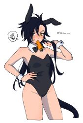  absurdres air_shakur_(umamusume) alternate_costume anger_vein animal_ears asymmetrical_bangs bare_shoulders black_hair black_leotard blush bow bowtie breasts carrot cropped_legs detached_collar ear_covers eyebrow_piercing fake_animal_ears female food_in_mouth groin hand_on_own_hip highres holding holding_own_hair horse_tail leotard long_hair looking_at_viewer piercing rabbit_ears samedonburi simple_background small_breasts solo spoken_squiggle squiggle tail translation_request umamusume white_background wrist_cuffs yellow_eyes 