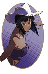  bandeau bare_shoulders black_hair blue_eyes blunt_bangs commentary cowboy_hat cropped_arm cropped_torso cross-laced_clothes cross-laced_top female hat highres looking_at_viewer medium_hair nico_robin one_piece onecata11 profile purple_background purple_bandeau smile solo white_hat 