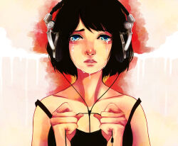  ao_clover bags_under_eyes bare_shoulders black_camisole black_hair blue_eyes bob_cut breasts cable camisole close-up collarbone commentary crying crying_with_eyes_open curled_fingers double_strap_slip dripping eyelashes female gradient_background hands_up headphones holding holding_cable lips looking_at_viewer medium_breasts nose original parted_lips pink_background pink_lips portrait raised_eyebrows realistic red_background red_nose short_hair solo straight-on streaming_tears swept_bangs tears 