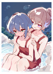  2girls absurdres bath blue_hair blush blush_stickers brown_hair closed_mouth clothed_bath collarbone dot_mouth dress full-face_blush green_eyes hair_bun hair_up hand_on_own_chest hands_on_another&#039;s_shoulder highres multiple_girls na_nare_hana_nare night obunai_suzuha onsen open_mouth outdoors purple_eyes red_dress rock short_hair sitting sitting_between_lap smile tanizaki_shion yuri zhanzhangzlw 