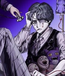  1boy 1other black_vest blood blood_from_eyes character_doll chira_fh collared_shirt commentary daan_(fear_&amp;_hunger) eyepatch fear_&amp;_hunger fear_&amp;_hunger_2:_termina gradient_background grey_eyes grey_hair grey_pants grey_ribbon grey_shirt hand_in_own_hair highres holding holding_stethoscope intravenous_drip knee_up long_sleeves medical_eyepatch mouth_hold neck_ribbon needles_(fear_&amp;_hunger) out_of_frame pale_skin pants plaid_clothes plaid_pants pocketcat_(fear_&amp;_hunger) purple_background ribbon shirt short_hair sitting sleeve_rolled_up solo_focus stethoscope stitches_(fear_&amp;_hunger) tears thermometer vest 