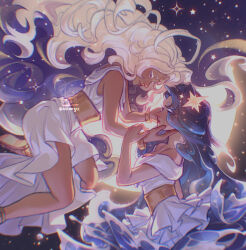  2girls blue_eyes blue_hair breasts cleavage commentary cookie_run cookie_run:_kingdom dark-skinned_female dark_skin dress english_commentary hair_ornament hands_on_another&#039;s_face highres humanization lilliangst long_hair moonlight_cookie moonlight_cookie_(crescent_guardian) multiple_girls official_alternate_costume official_alternate_hair_color sandals sea_fairy_cookie sea_fairy_cookie_(rippling_moonlight) sky star_(sky) star_(symbol) star_hair_ornament starry_sky very_long_hair white_dress white_hair yuri 