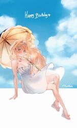  alternate_costume aoiabyss bare_arms bare_shoulders blonde_hair blue_eyes blue_sky breasts cleavage cloud commentary day dress female genshin_impact grin happy_birthday highres holding holding_umbrella long_hair looking_at_viewer navia_(genshin_impact) sandals sky smile solo strapless strapless_dress umbrella very_long_hair white_dress 