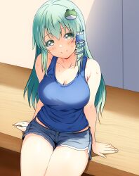  alternate_costume arm_support bare_shoulders blue_shirt breasts collarbone colored_eyelashes denim denim_shorts dot_nose female frilled_hair_tubes frills frog_hair_ornament from_above green_hair hair_between_eyes hair_ornament hair_tubes head_tilt highres indoors kochiya_sanae kyanta5354 large_breasts light_blush long_hair looking_at_viewer on_table shirt short_shorts shorts sidelocks single_hair_tube sitting sleeveless sleeveless_shirt smile snake_hair_ornament sunlight sweat table thick_thighs thighs touhou wooden_table yellow_eyes 