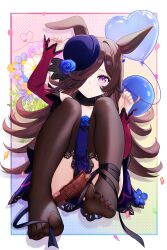  absurdres animal_ears balloon black_ribbon black_thighhighs blue_dress blue_flower blue_rose border brown_hair commentary_request confetti dagger dorsiflexion dress eyelashes feet female flower flower_hat hair_over_one_eye hand_up hat heart_balloon highres horse_ears horse_girl kazamatsuri_honatsu knees_up knife lace-trimmed_dress lace-trimmed_thighhighs lace_trim legs light_blush long_hair long_sleeves looking_at_viewer multicolored_background nail_polish no_shoes parted_lips purple_eyes purple_hat purple_nails red_sleeves ribbon rice_shower_(umamusume) rose sidelocks signature sitting thighhighs thighs toenail_polish toenails toes umamusume weapon white_border 