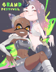  2girls ass asymmetrical_hair bracelet breasts cephalopod_eyes closed_mouth colored_skin cone_hair_bun criss-cross_halter crop_top cross-shaped_pupils dark-skinned_female dark_skin eyeliner frye_(splatoon) grey_hair grey_pants grey_shirt grey_shorts grin hair_bun hair_ornament halterneck hand_on_another&#039;s_back hand_on_another&#039;s_shoulder horizontal_pupils inkling jewelry long_hair long_pointy_ears makeup medium_breasts multicolored_skin multiple_girls navel octoling oerba_yun_fang official_alternate_costume pants pointy_ears red_eyeliner red_eyes shirt shiver_(splatoon) short_eyebrows short_hair shorts shrug_(clothing) small_breasts smile splatoon_(series) splatoon_3 strapless strapless_shirt suction_cups symbol-shaped_pupils tentacle_hair two-tone_skin utfu333 white_shrug white_skin yellow_eyes 