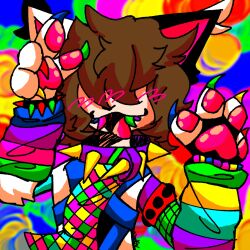  1:1 2023 4_fingers animal_humanoid black_ears black_paws blush bracelet bright_colors brown_hair bust_portrait choker clothing colored colorful_theme depth_of_field digital_drawing_(artwork) digital_media_(artwork) english_description epilepsy_warning felid felid_humanoid feline feline_humanoid fingers hair hair_over_eyes hi_res humanoid jewelry light lighting male mammal mammal_humanoid multicolored_clothing multicolored_ears multicolored_sweater multicolored_topwear necklace necktie neon_colors open_mouth open_smile oz_(weeb-a-woof) pawpads paws pink_inner_ear pink_pawpads pink_tongue portrait pose purple_choker purple_jewelry purple_necklace rainbow rainbow_background rainbow_clothing rainbow_sweater rainbow_teeth rainbow_topwear shaded shadow signature simple_background smile solo spiked_bracelet spiked_choker spikes sweater teeth tongue topwear two_tone_ears weeb-a-woof white_ears white_paws yellow_spikes 