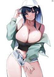  absurdres aqua_jacket bare_shoulders baseball_cap bikini_under_shorts black_camisole black_hair blue_archive blue_eyes blue_hair blush breasts camisole cleavage collarbone contrapposto cutoffs denim denim_shorts female hand_up hat highres huge_breasts jacket long_hair looking_at_viewer navel off_shoulder official_alternate_costume open_fly parted_lips ponytail saori_(blue_archive) saori_(swimsuit)_(blue_archive) shorts signature simple_background solo strap_slip thighs white_background white_hat yanwulazy 